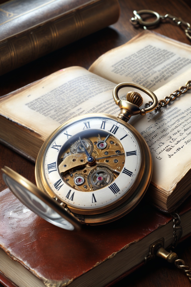 A hyper-detailed digital painting of a vintage pocket watch next to an old book,  in the style of photorealism on Tensor.Art