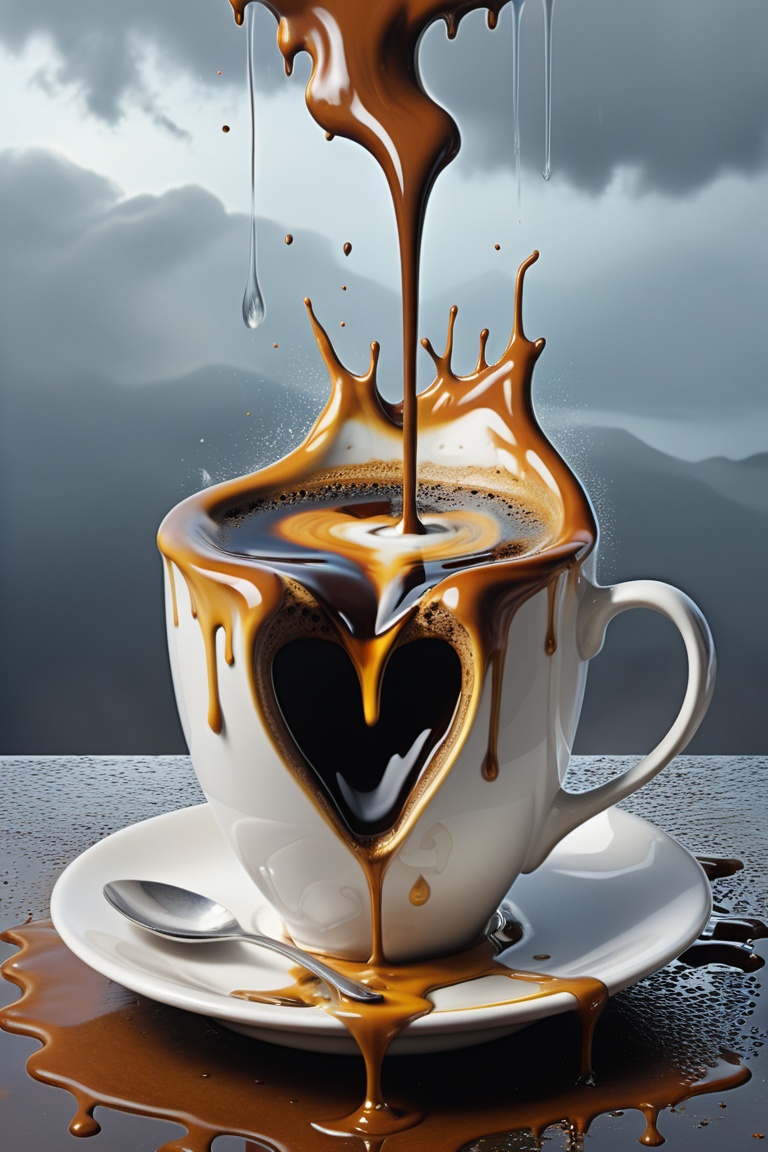 A surrealistic Salvador Dalí-like rendering of a melting cup of steaming hot coffee eith hearct cut_out,  on a rainy day o...