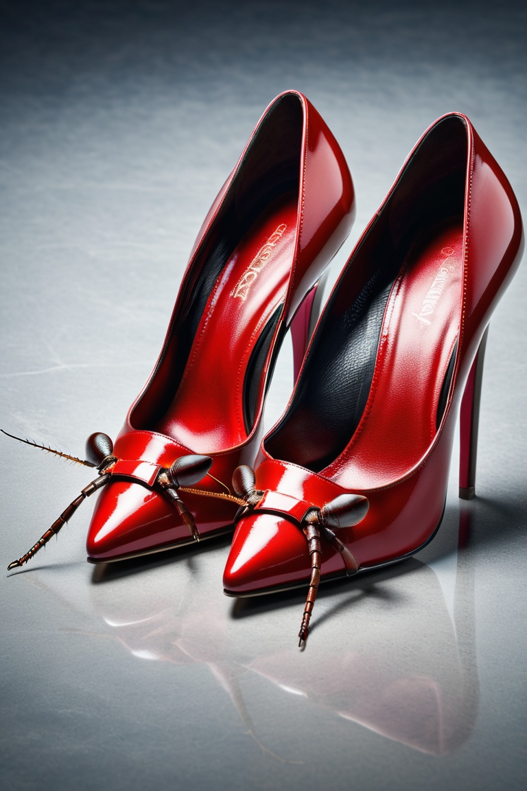 create a photo realistic image of close cockroach small red high heel shoes,  sharp focus,  high detailed on Tensor.Art