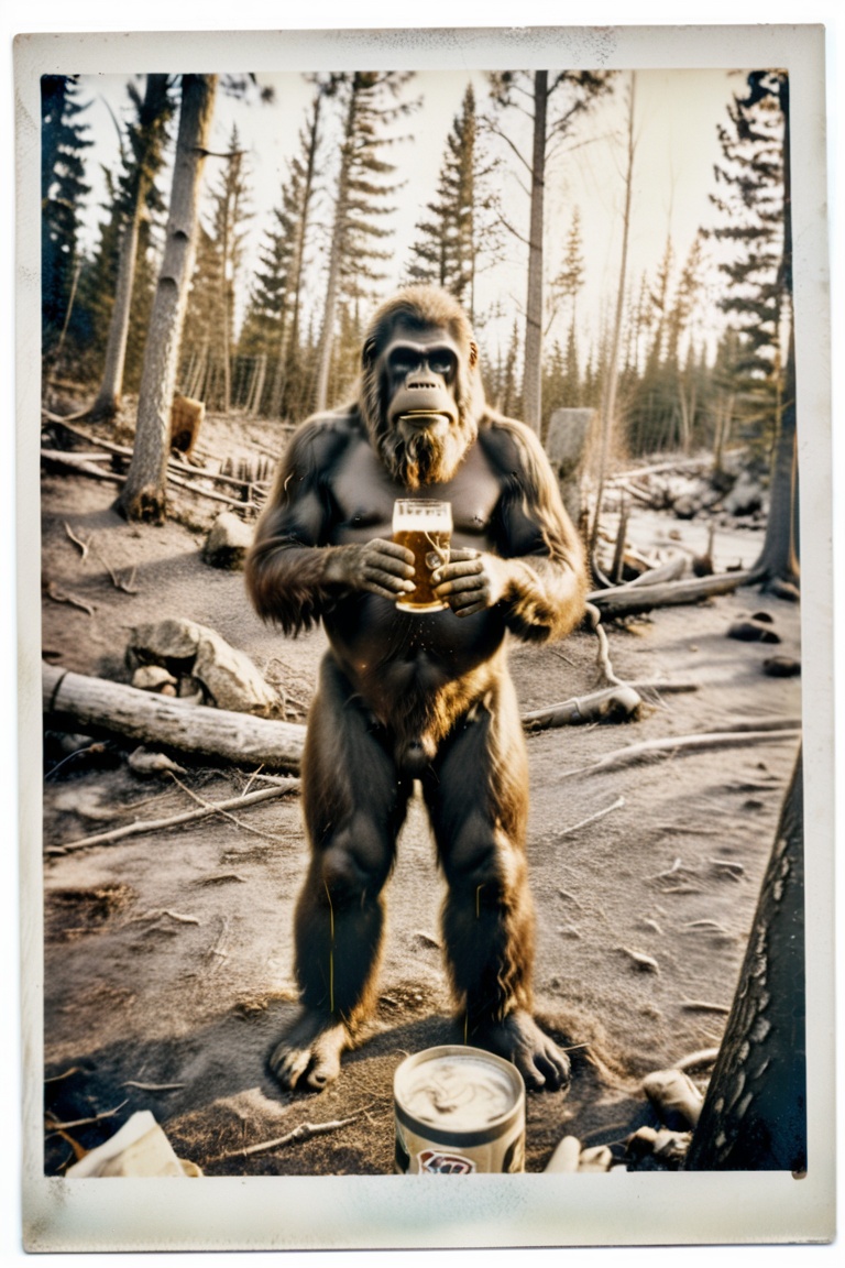 analog film photo,  most convincing polaroid of bigfoot drinking a beer,  | faded film on Tensor.Art