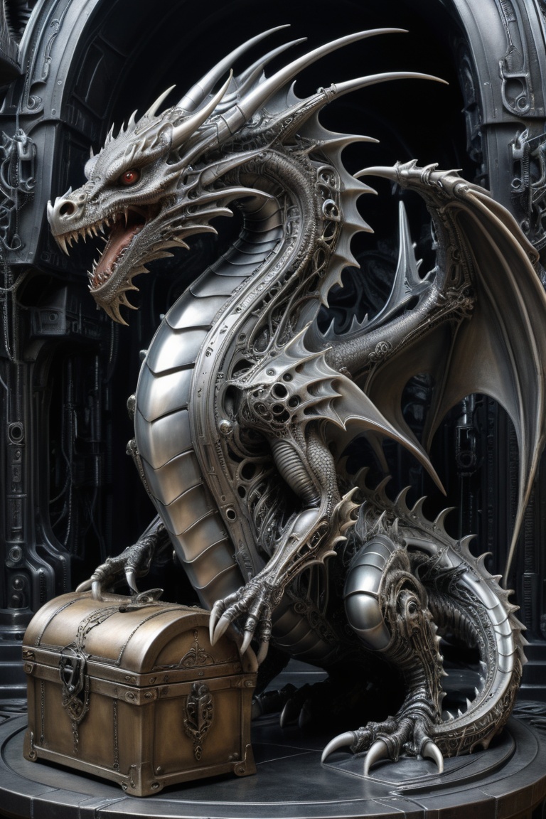 A H.R. Giger-inspired biomechanical dragon guarding a futuristic treasure chest on Tensor.Art
