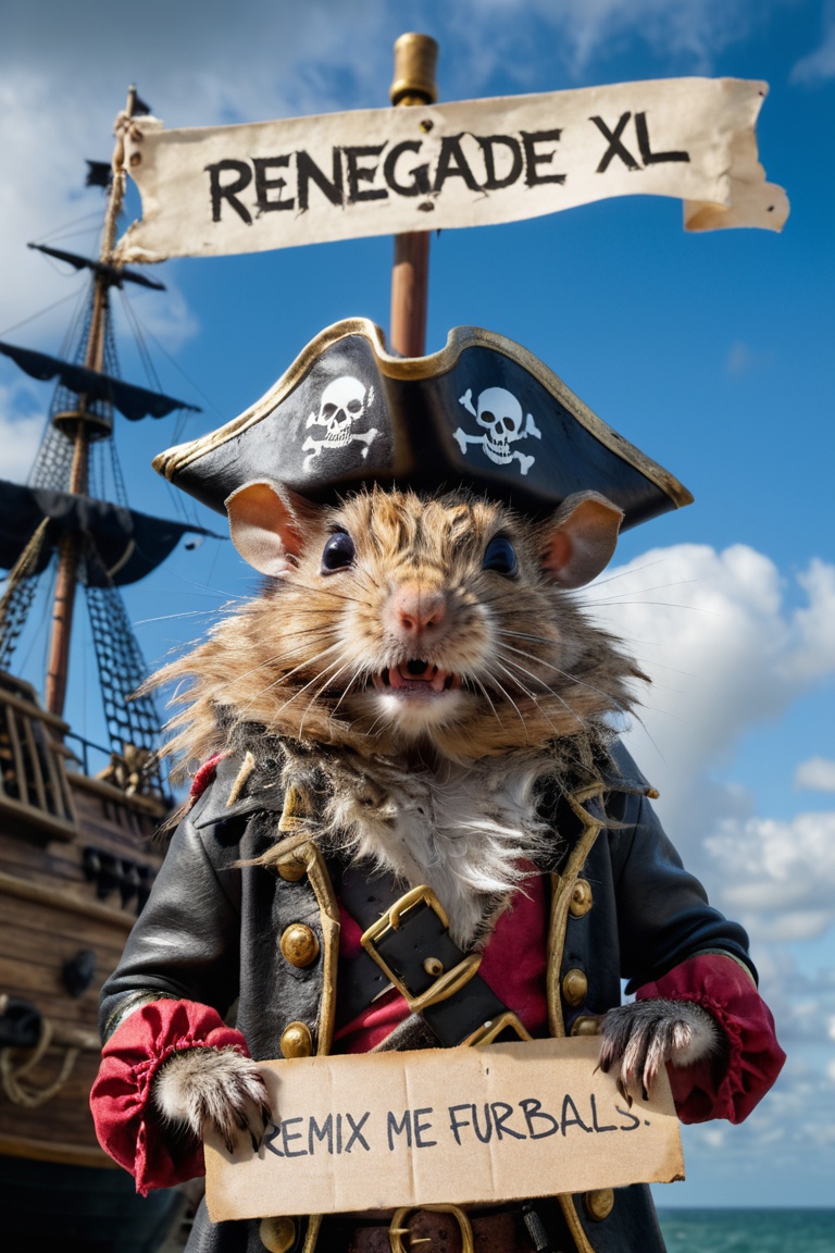 rat holding a sign which reads "REMIX ME FURBALLS!" text | Canon pro lens,  f/1.8,  1/100sec on Tensor.Art