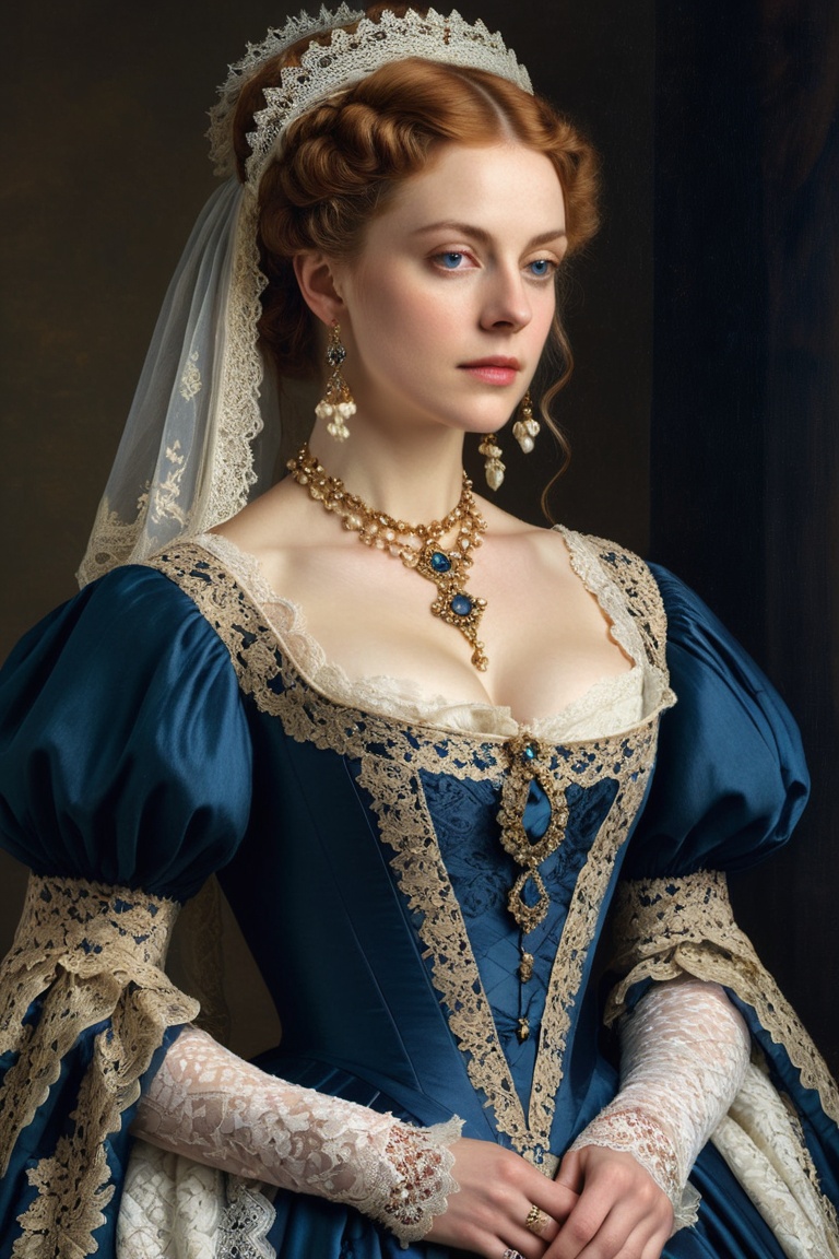 A Renaissance-style portrait of a woman wearing a Victorian-era dress,  complete with intricate lace details on Tensor.Art