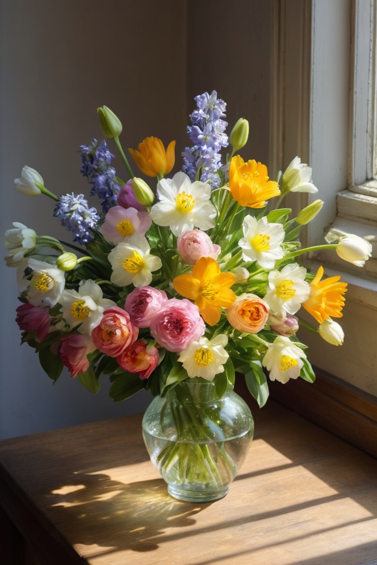 A bouquet of fresh spring flowers,  illuminated by dappled sunlight,  in the style of the Dutch Golden Age on Tensor.Art