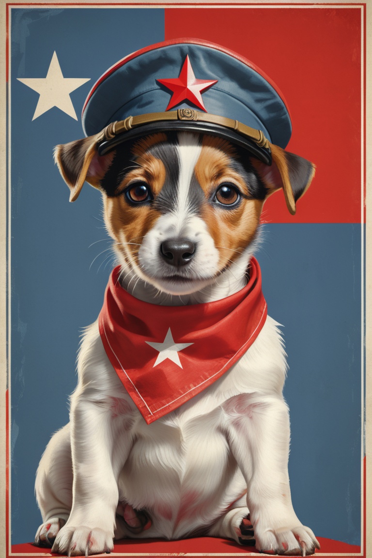 a propaganda poster of a sitting jack russel puppy with a red bandana and wearing a military cap with a single star symbol...