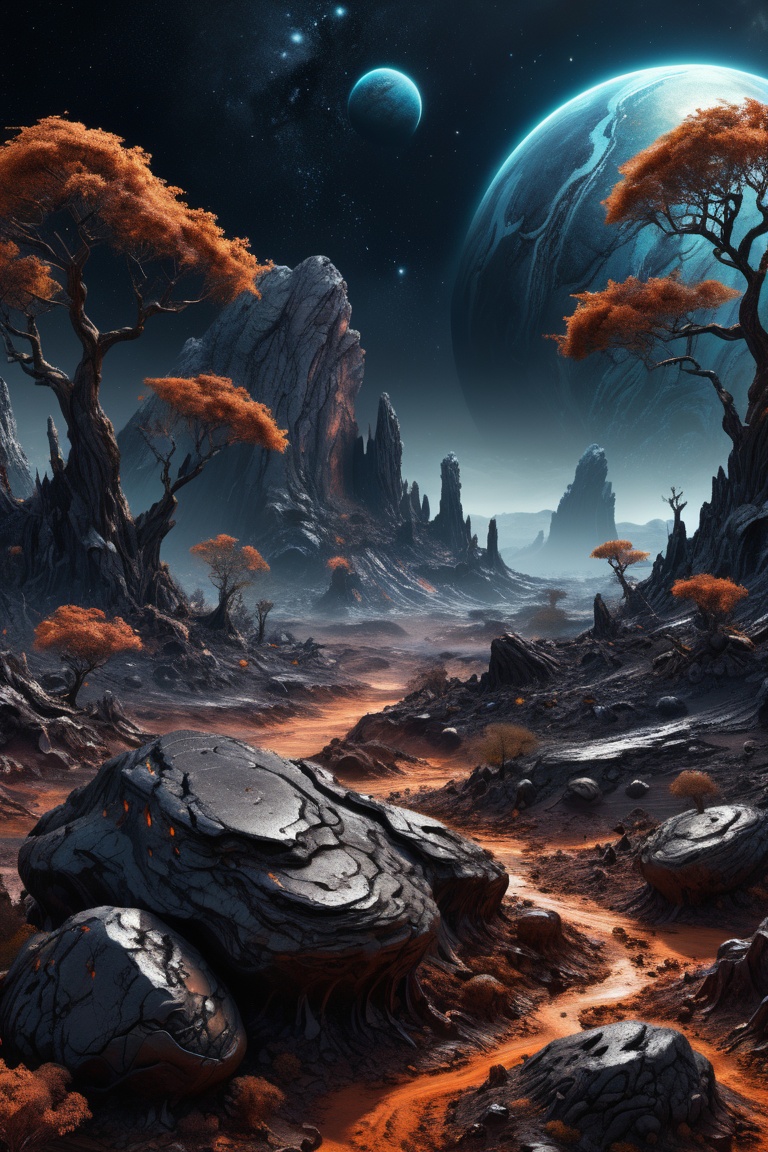 Landscape of a dark far away planet,  rock and organic soil,  glowing trees on Tensor.Art