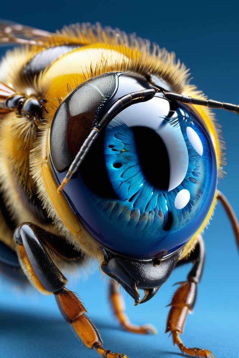 create a photo realistic image of close bee,  has blue . sharp focus,  high detailed on Tensor.Art