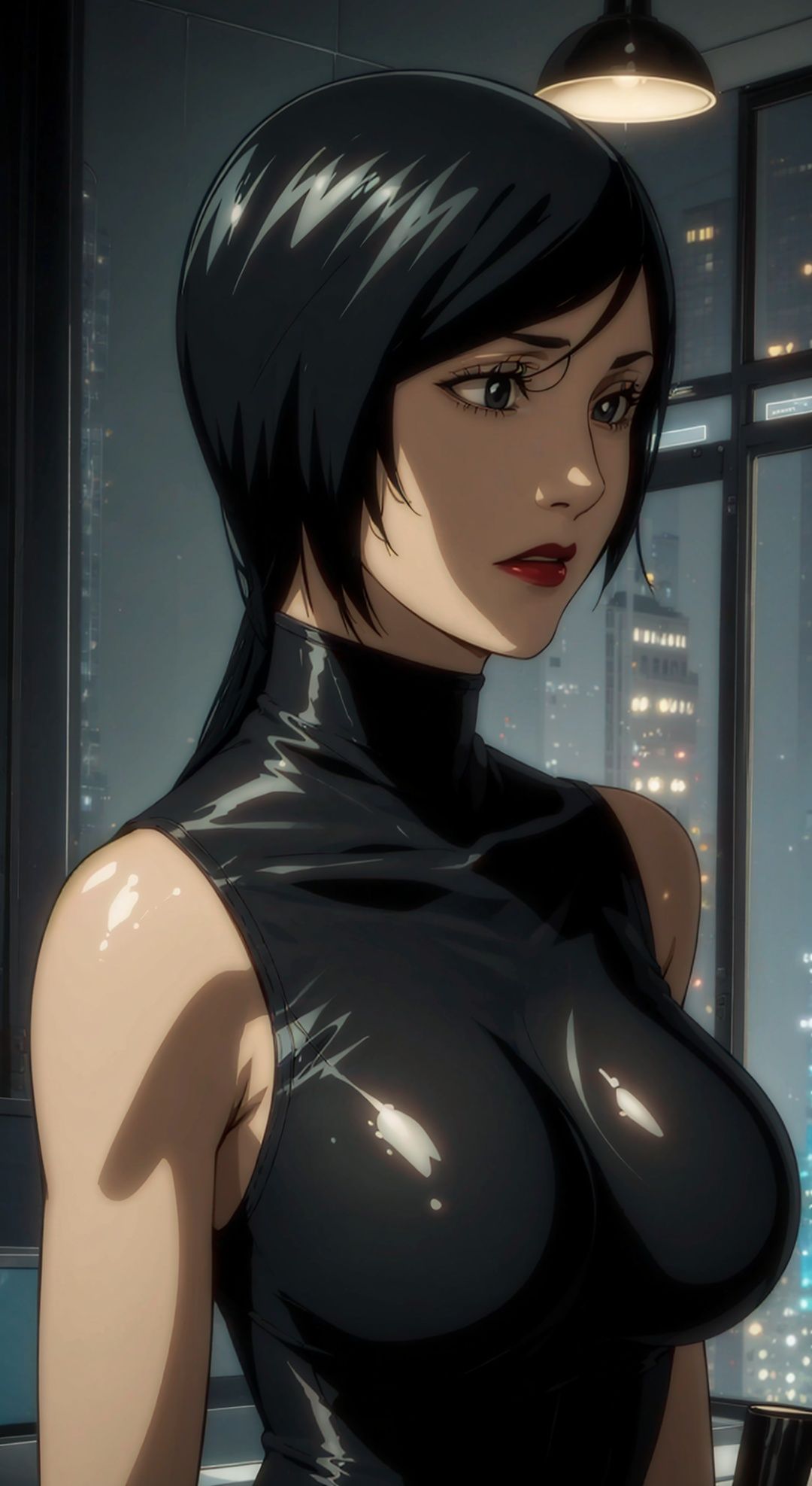  1girl, solo,(long hair:1.3), black eyes,
(upper body:1.3), 
(black semitransparent bodysuit:1.2),
 (big breast),