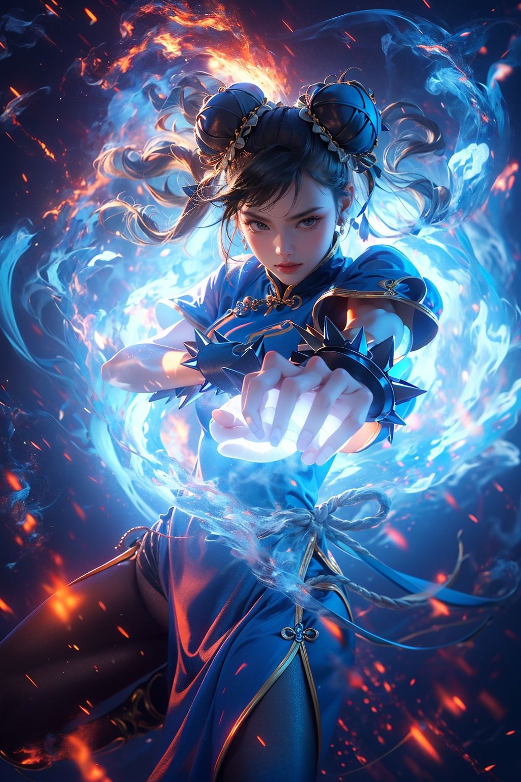 masterpiece,best quality,ultra-detailed,Epic CG masterpiece,hdr,dtm,full ha,8K,ultra detailed graphic tension,dynamic poses,stunning colors,3D rendering,surrealism,cinematic lighting effects,realism,00 renderer,super realistic,full - body photos,super vista,super wide Angle,HD,(Blue smoke enveloped the body:1.3),Long blue cheongsam,1girl,solo,chun-li,dynamic posture,spike bracelet,fighting stance,(full body:1.5),(long legs:1.4),(Black transparent pantyhose:1.3),(Milky skin:1.6),(shiny skin:1.4),blurry,jewelry,blurry_background,bracelet,double_bun,chinese_clothes,solo,earrings,midriff,depth_of_field,breasts,navel,looking_at_viewer,short_sleeves,medium_breasts,<lora:mdcl:0.7>,