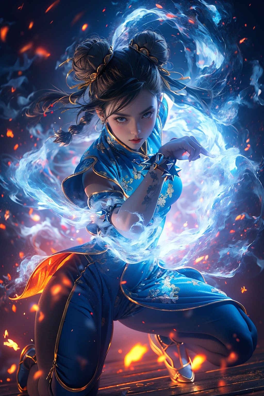 masterpiece,best quality,ultra-detailed,Epic CG masterpiece,hdr,dtm,full ha,8K,ultra detailed graphic tension,dynamic poses,stunning colors,3D rendering,surrealism,cinematic lighting effects,realism,00 renderer,super realistic,full - body photos,super vista,super wide Angle,HD,(Blue smoke enveloped the body:1.3),Long blue cheongsam,1girl,solo,chun-li,dynamic posture,spike bracelet,fighting stance,(full body:1.5),(long legs:1.4),(Black transparent pantyhose:1.3),(Milky skin:1.6),(shiny skin:1.4),blurry,jewelry,blurry_background,bracelet,double_bun,chinese_clothes,solo,earrings,midriff,depth_of_field,breasts,navel,looking_at_viewer,short_sleeves,medium_breasts,<lora:mdcl:0.7>,