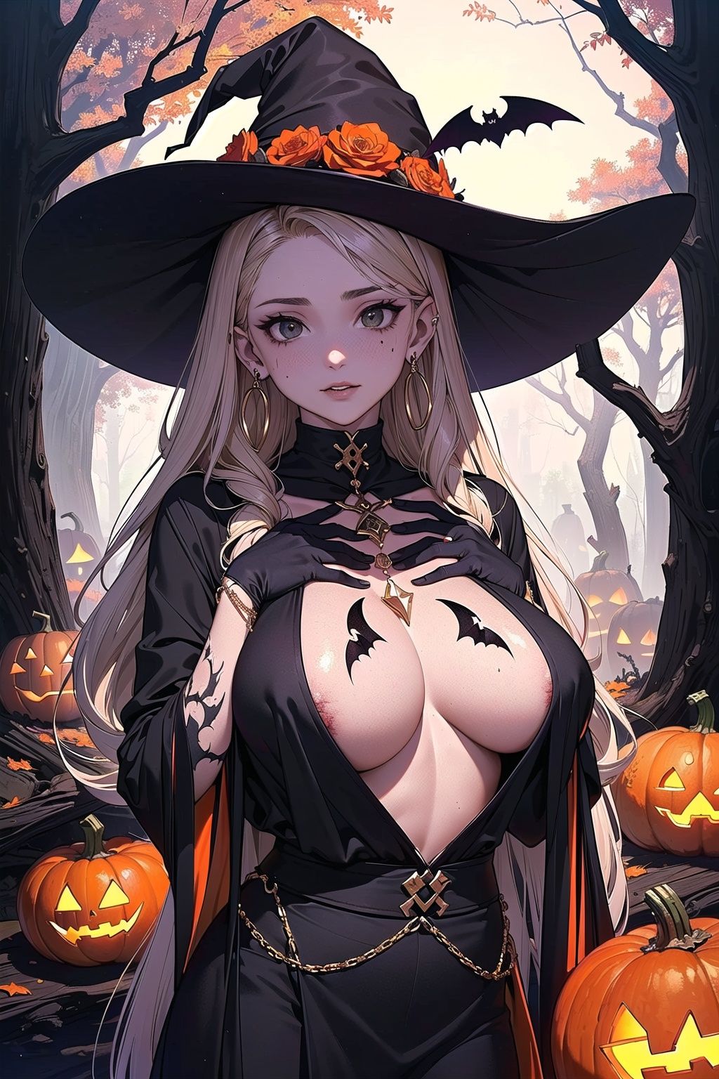 top-quality、Top image quality、tmasterpiece、teens girl((18yr old,  Black wizard hat、Black and orange sexy clothes,  Orange...
