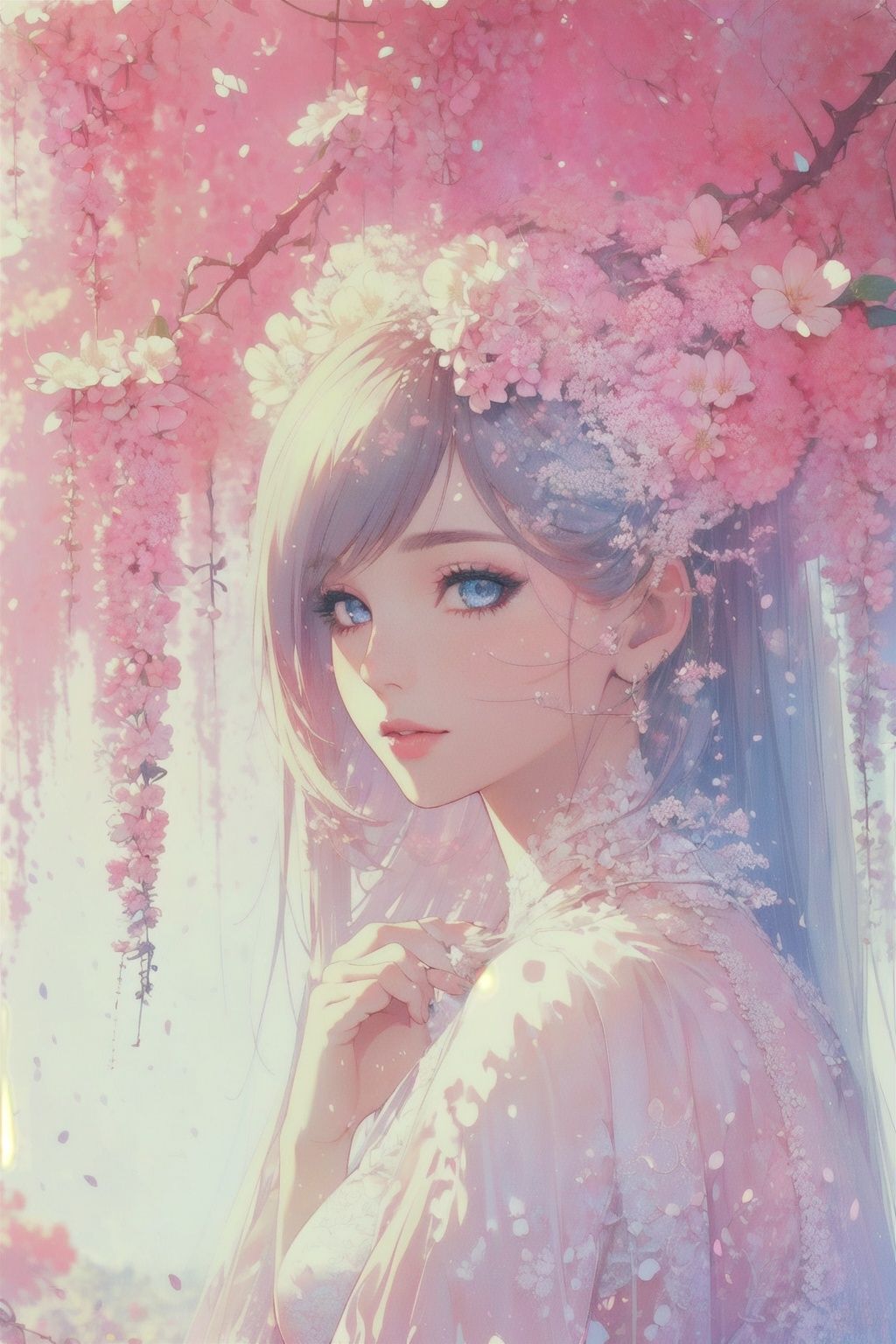  (detailed face, perfect face, perfect eyes, realistic eyes, perfect fingers),(clear face),fantasy girl,long hair,hair ornaments,looking at viewer,outdoors,beautiful girl,knees up,standing lolita1,dress,flower,(looking at the camera:1.2),portrait,(photorealistic:1.2),
