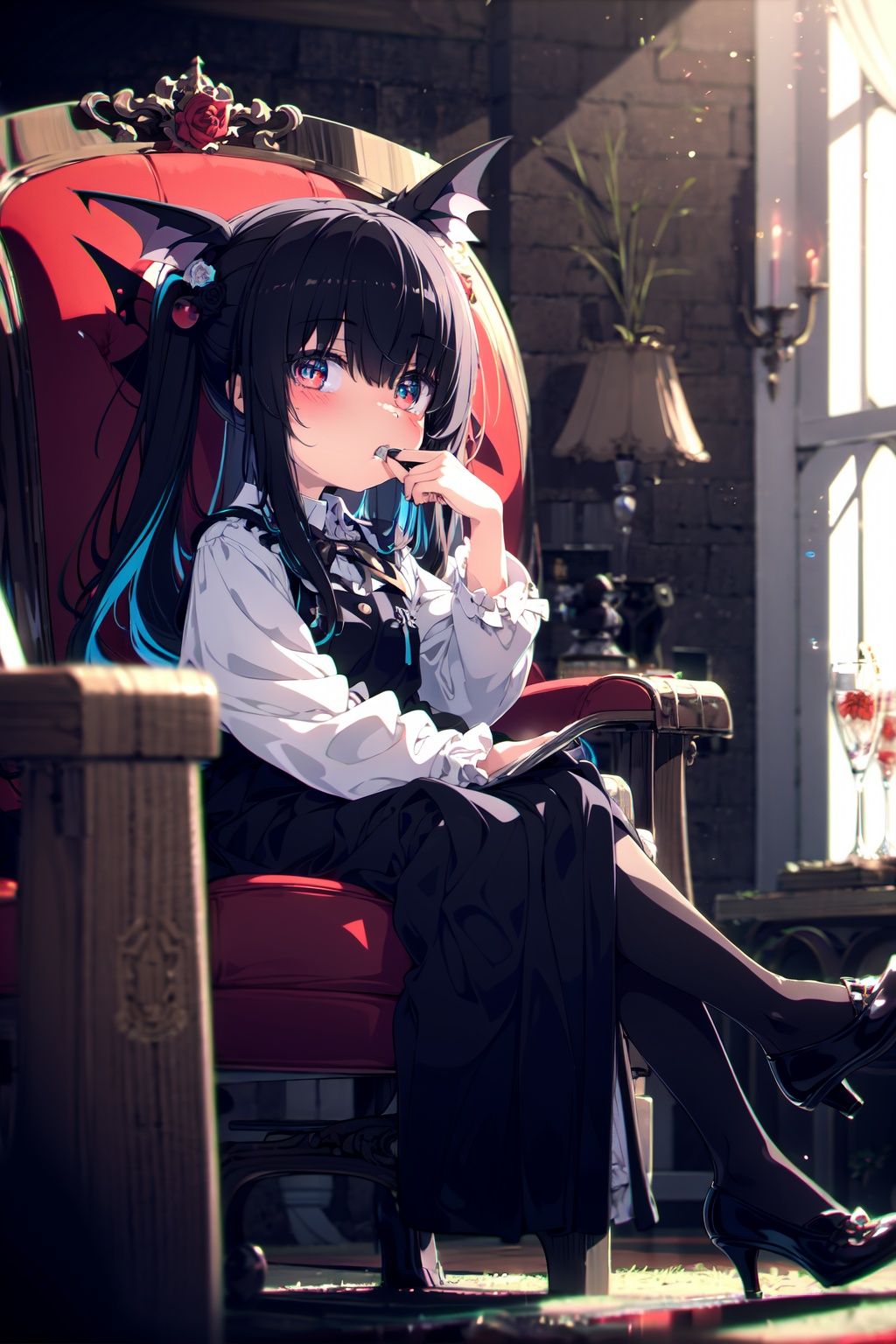  an extremely delicate and beautiful girl, dynamic angle, chromatic aberration, ((colorful)),//,1girls,loli,(petite child:1.1),//,(in Gothic castle),girl with black hair,red eyes,Vertical pupil,long hair,hair arrangement,(Detailed face description),(batwing),(Gothic Lolita),(bat tail),alccandlestick,Cathedral glass,,short skirt,black pantyhose,red lace,high heels,rose tattoo,throne,sitting,crossed legs,//,（detailed eyes:1.5),