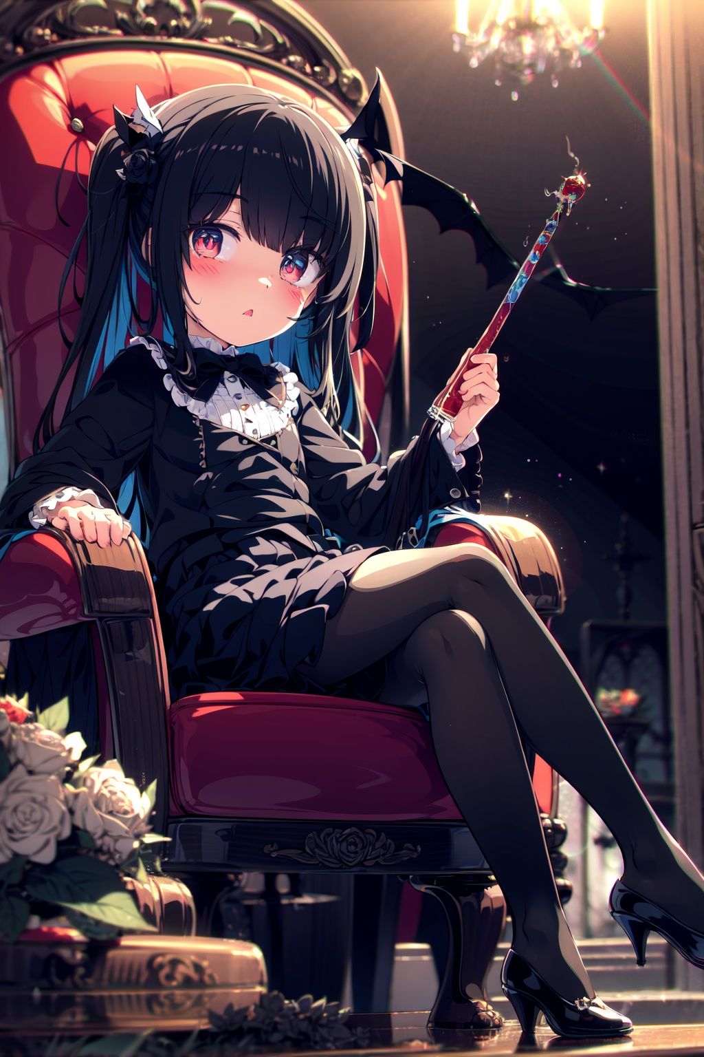 an extremely delicate and beautiful girl, dynamic angle, chromatic aberration, ((colorful)),//,1girls,loli,(petite child:1.1),//,(in Gothic castle),girl with black hair,red eyes,Vertical pupil,long hair,hair arrangement,(Detailed face description),(batwing),(Gothic Lolita),(bat tail),alccandlestick,Cathedral glass,,short skirt,black pantyhose,red lace,high heels,rose tattoo,throne,sitting,crossed legs,//,（detailed eyes:1.5),