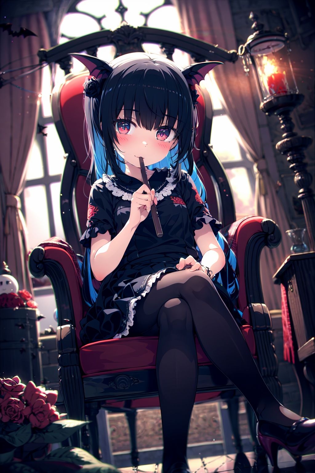  an extremely delicate and beautiful girl, dynamic angle, chromatic aberration, ((colorful)),//,1girls,loli,(petite child:1.1),//,(in Gothic castle),girl with black hair,red eyes,Vertical pupil,long hair,hair arrangement,(Detailed face description),(batwing),(Gothic Lolita),(bat tail),alccandlestick,Cathedral glass,,short skirt,black pantyhose,red lace,high heels,rose tattoo,throne,sitting,crossed legs,//,（detailed eyes:1.5),