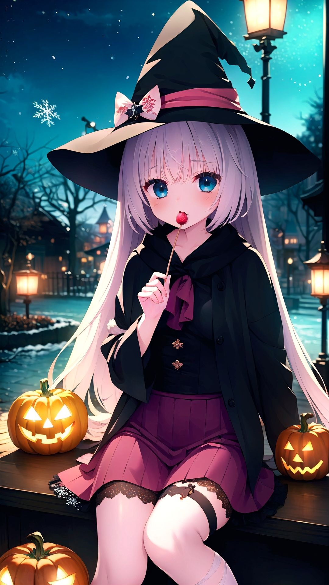 (best illumination, best shadow, an extremely delicate and beautiful),intricate detail,Amazing,high resolution illustration,best quality,((extremely detailed CG unity 8k wallpaper)),(((masterpiece))),Depth of field,finely detail,1girl,adorable_girl,witch,early ****,fair_skin,petite,white hair,bunches,halloween_costume,bandaged_leg,leg_garter,single_kneehigh,frilled,shackles,witch_hat,lolita,Witc,colorful,game cg,Tyndall effect,blurry,halloween,castle,star_trail,candy,candy_apple,candy_cane,cotton_candy_,doughnut,food_in_mouth,depth of field,beautiful detailed sky, night, stars, (red plum blossom),((winter)),(((snowflakes))), ((red and white flowers)),(starry sky),(sitting),((colorful)),scenery, lantern,(starfall),