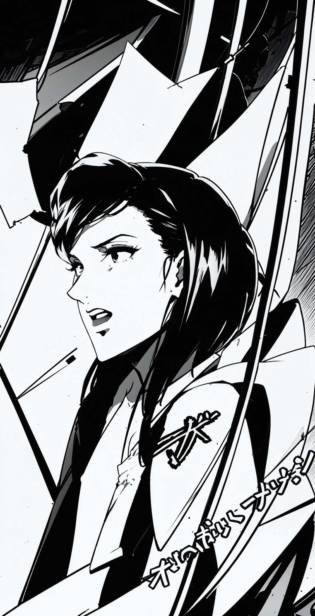  1girl, solo,bangs, short hair, black hair,black eyes,(full body:1.3),(from forward),(mature woman:1.4),(black and white)