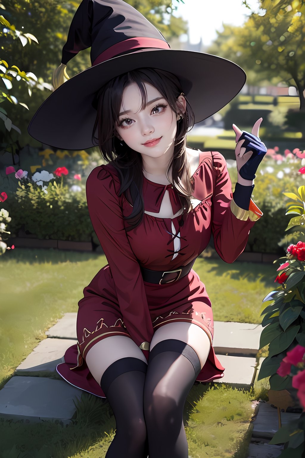 (masterpiece, best quality, glowing light, ultra detailed, detailed background, complex background), (perfect face, detailed face), (mature female, milf:1.4), full-face blush, happy, parted lips, light smile, megumin, 1girl, solo, looking at viewer, short hair, short hair with long locks, dress, red dress, hat, witch hat, gloves, black gloves, thighhighs, bandages, fingerless gloves, long sleeves, bandaged leg, black thighhighs, single thighhigh(outdoors, garden)