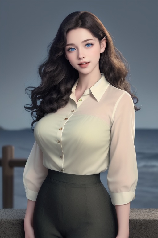 Raw photo, night background with a large full moon and sea waves, medium-sized mouth, thin lips, lips the same color as her skin, knowing smile, giving her a mysterious and enigmatic appearance. looking up to her right, round nose, light face, 1 young woman, 30 years old, (Best Quality: 1.4), jet black hair, very defined, very curly hair. large light green eyes, large almond eyes, expressive and detailed, she wears a white button-down blouse with yellow short sleeves.
8K resolution, high resolution, (photorealistic, high resolution: 1.4) 