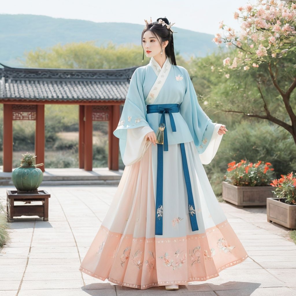  masterpiece, 1 girl, Look at me, Lovely, Sweet, Exquisite makeup, Gorgeous clothing, Hanfu, Horse skirt, chinese clothes, hair ornament, full body, Outdoor, Light blue sky, Peach Garden, Chinese architecture, An elegant posture, Station, Pond, Potted plant, textured skin, super detail, best quality