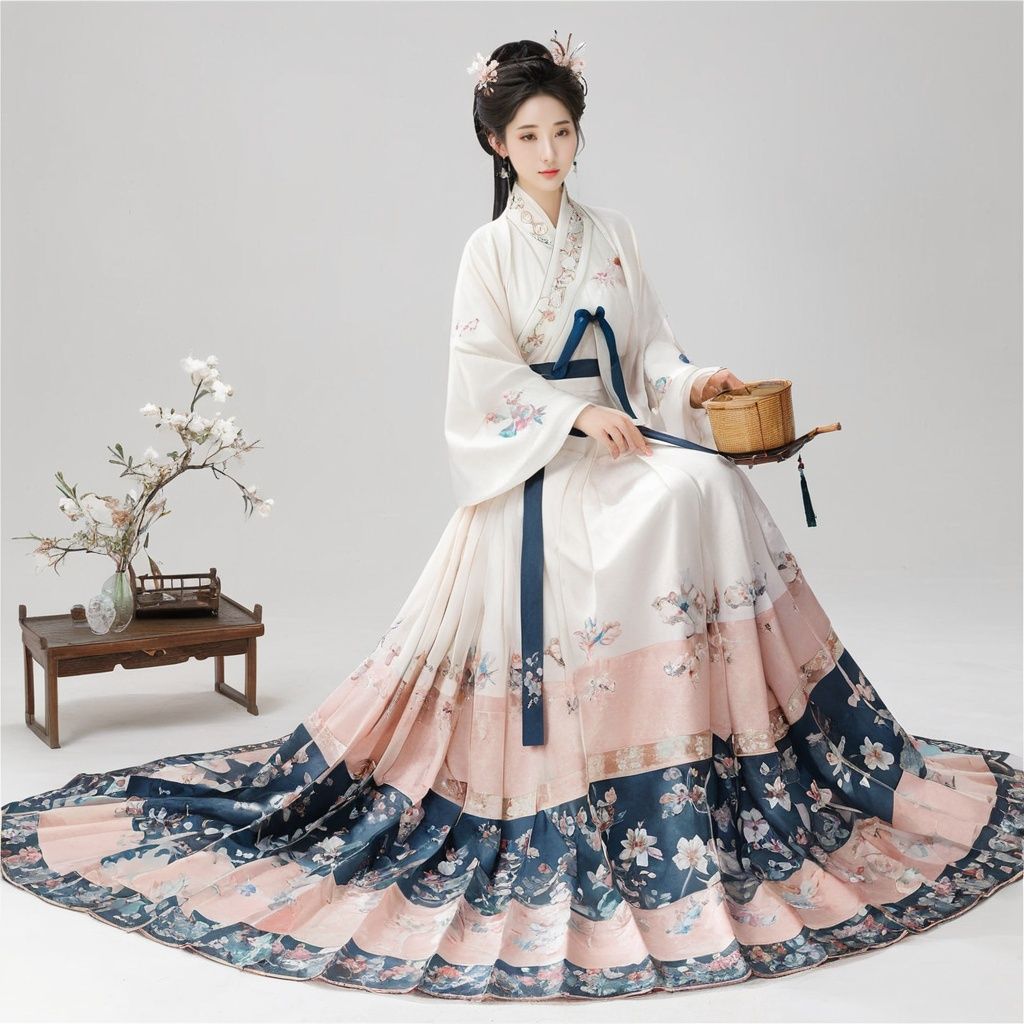  masterpiece, HanFu, 1 girl, solo, Lovely, Look at me, jewelry, necklace, hair ornament, Tea hair, full body, dress, chinese clothes, standing, tiara, White background wall, Peach blossom tree decoration, Potted plant, Petals on the ground, Landscape mural, Dunhuang, Photographic sets, Light and shadow, textured skin, super detail, best quality