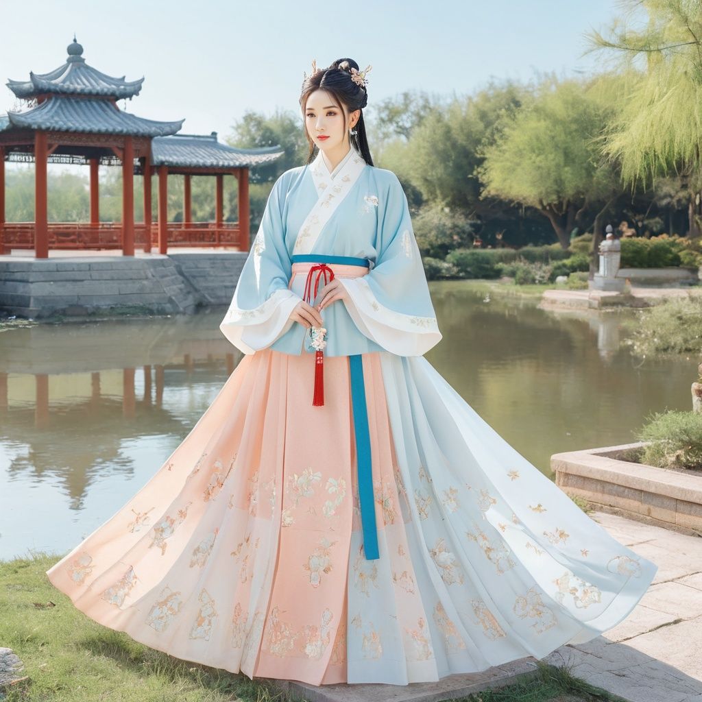  masterpiece, 1 girl, Look at me, Lovely, Sweet, Exquisite makeup, Gorgeous clothing, Hanfu, Horse skirt, chinese clothes, hair ornament, full body, Outdoor, Light blue sky, Peach Garden, Chinese architecture, An elegant posture, Station, Pond, Potted plant, textured skin, super detail, best quality