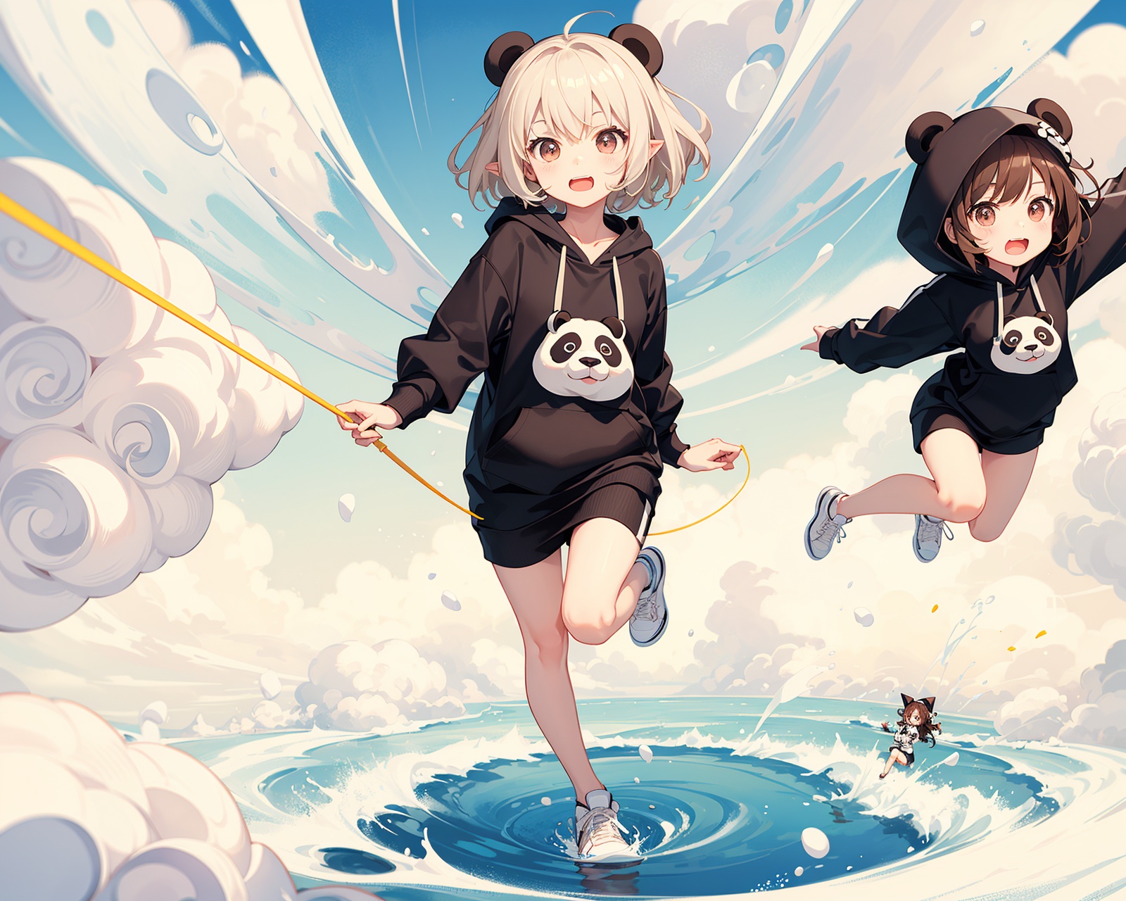 full body,  2 cute girls in hoodie skipping,  artistic on Tensor.Art