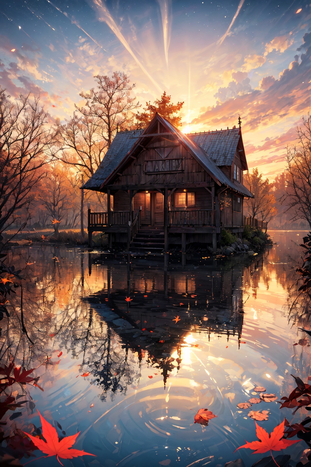 Wooden cabin in the midle of Lake,  perfect sunset light on far away,  golden rays on Tensor.Art