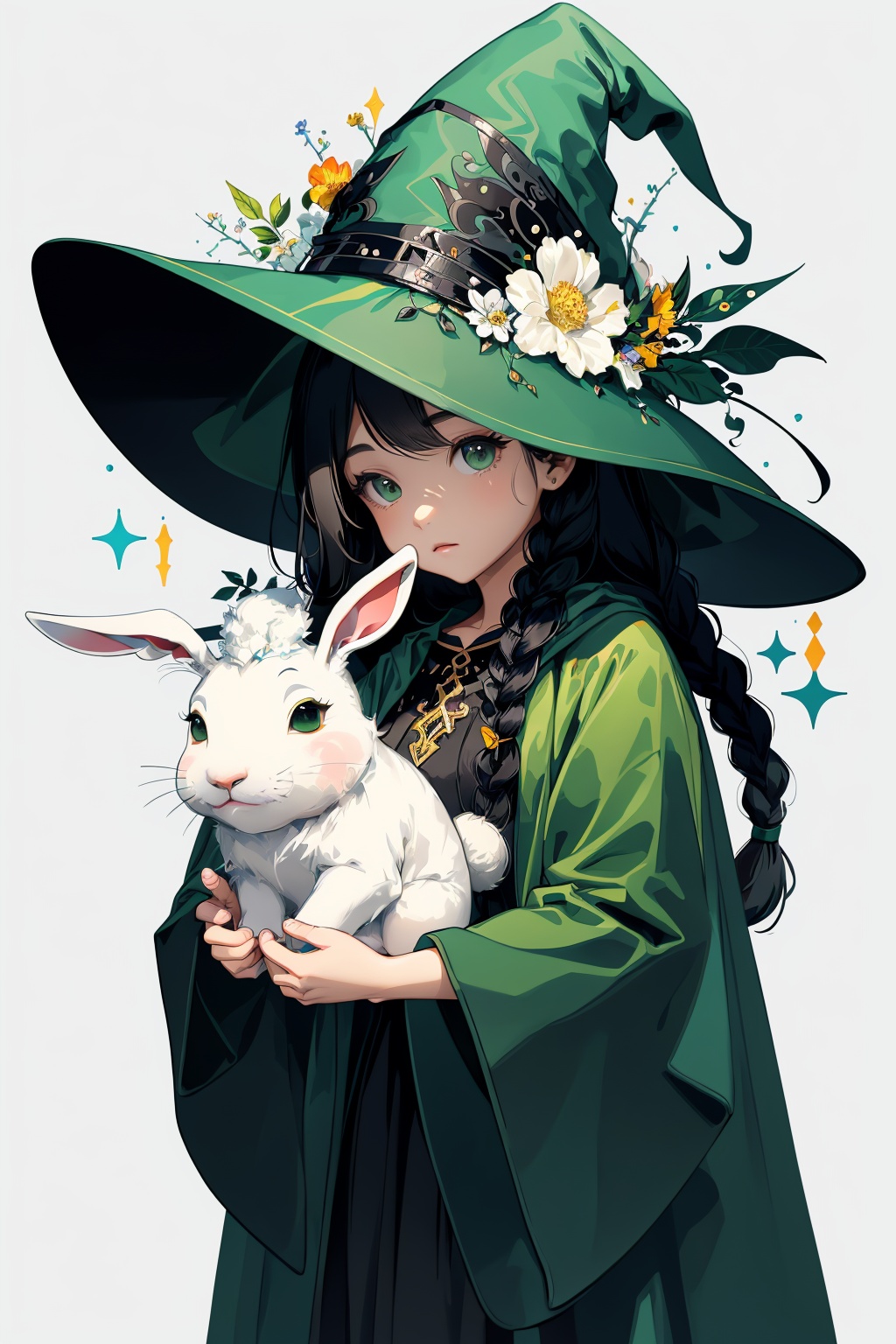 (( Ride on beautifully decorated white giant lagomorph )) ,  shining eyes ,  twin braid on Tensor.Art