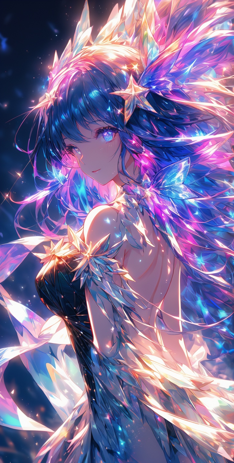ultra detailed close up illustration of a woman at the seashore after sunset,  she wears a flowy holographic dress made of...
