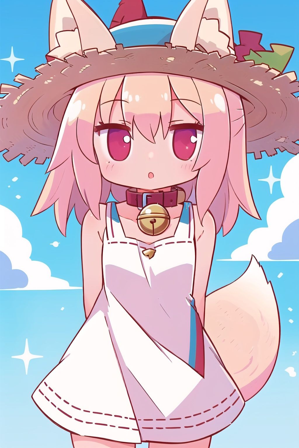 1girl, solo, bell, dress, animal ears, tail, blonde hair, hat, straw hat, fox tail, fox ears, collar, white dress, neck bell, sky, brown collar, kemomimi-chan \(naga u\), arms behind back, cloud, hair between eyes, parted lips, bangs, day, looking at viewer, blue sky, sleeveless dress, jingle bell, fox girl, red eyes, blush, animal ear fluff, ears through headwear, sleeveless, bare shoulders, long hair, bow, sundress, outdoors, :o, sun hat, collarbone, brown headwear, red collar