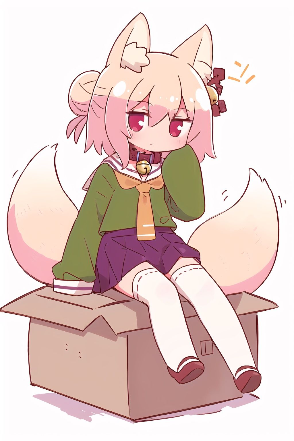 1girl, solo, kemomimi-chan \(naga u\), animal ears, tail, fox ears, bell, skirt, blonde hair, shirt, fox tail, white background, jingle bell, bangs, hair ornament, sleeves past fingers, sitting, neck bell, collar, pleated skirt, thighhighs, hair bun, long sleeves, green shirt, brown collar, fox girl, sleeves past wrists, white sailor collar, orange necktie, animal ear fluff, ribbon trim, hair between eyes, single hair bun, sailor collar, brown footwear, ribbon-trimmed legwear, purple skirt, white thighhighs, shadow, necktie, looking at viewer, blush, full body, flat chest, between legs, hand between legs, red eyes, red footwear, closed mouth, sidelocks, 