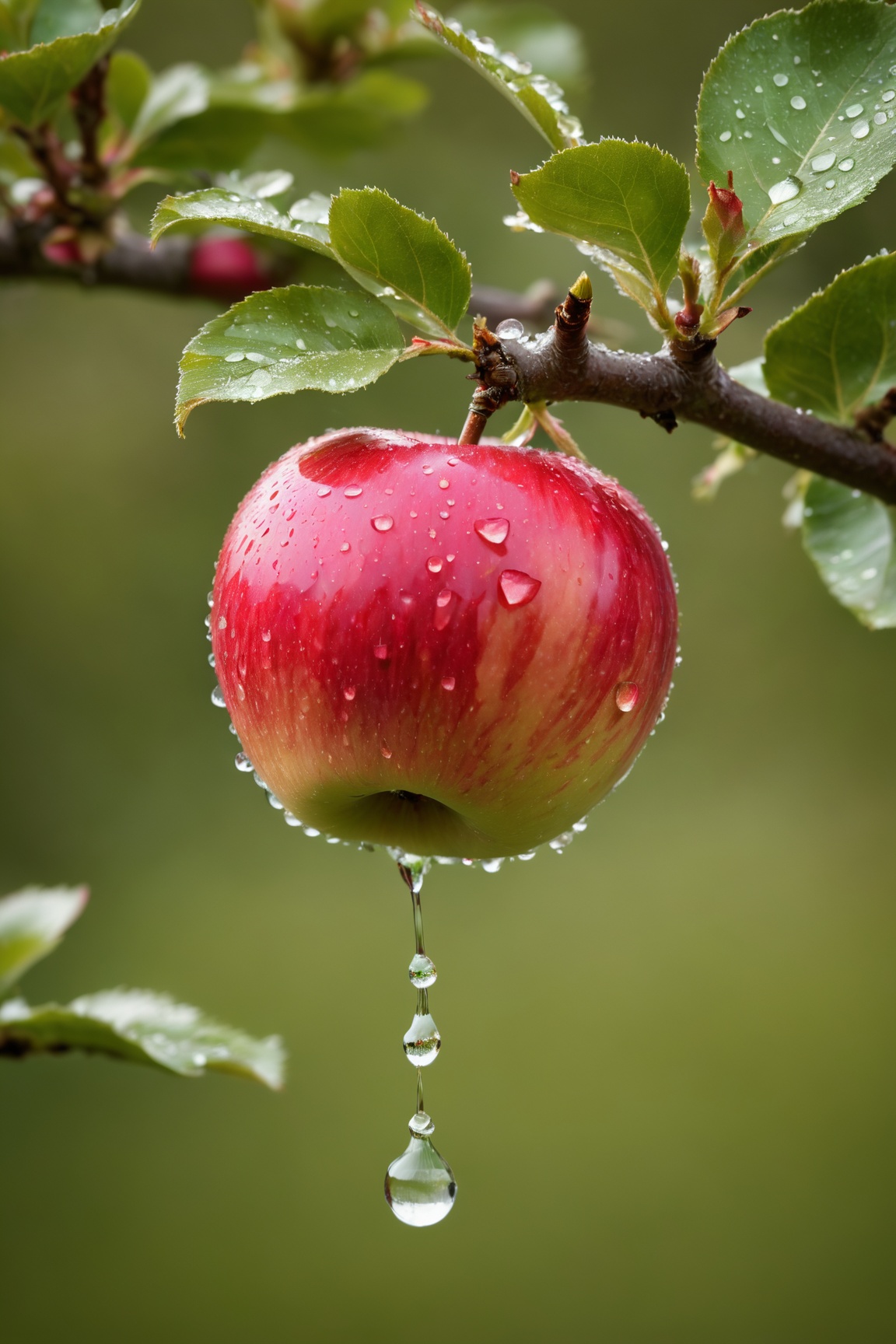 Capture an exquisite macro photograph of an (apple) tree bearing a single (apple),  showcasing a (water droplet) in breath...