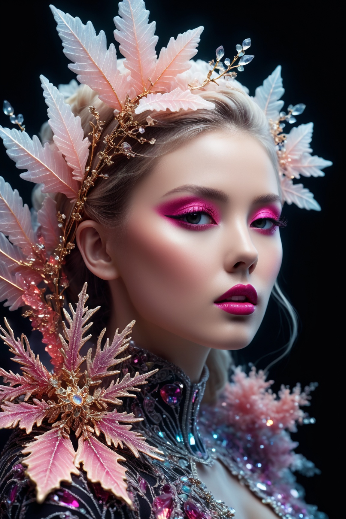 (Produce an exquisite photo RAW image) capturing a surreal scene of a ((ghostly long-tailed crystal)) adorned with ((black...