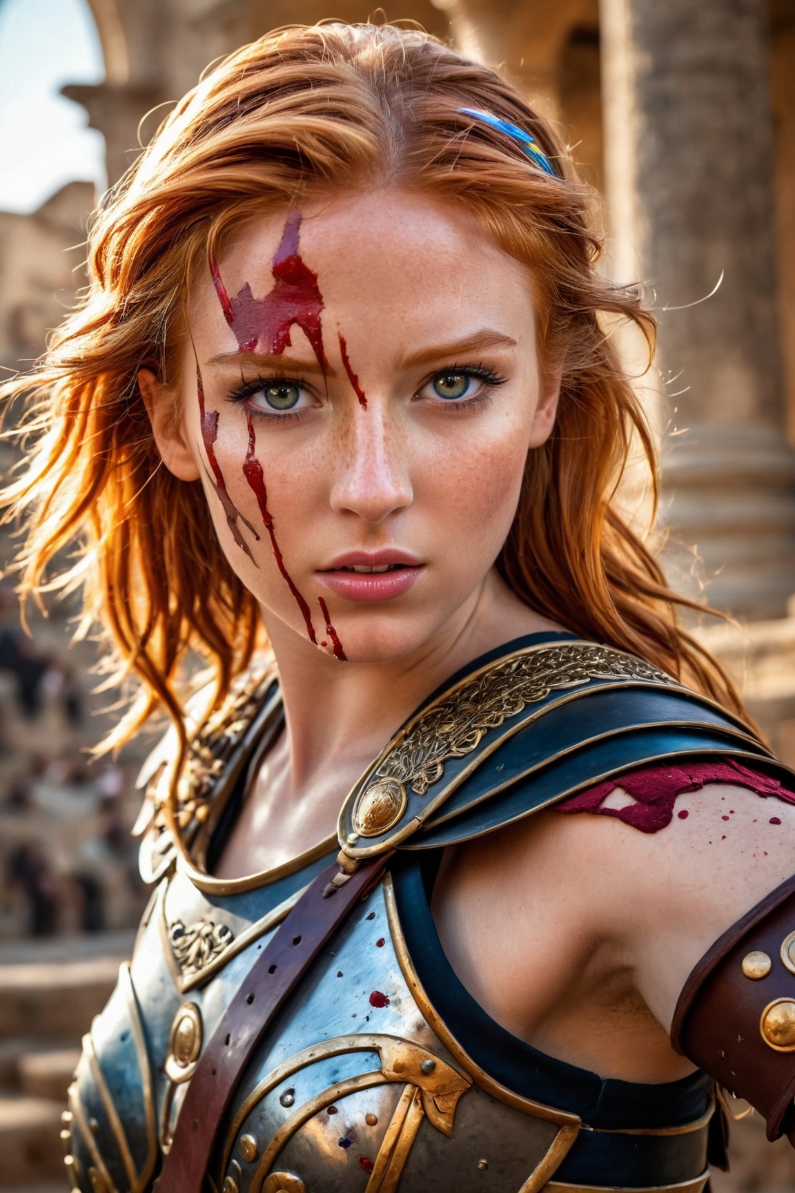 (Create an epic and detailed masterpiece) in a ((comic style)) featuring a ((Roman ginger-haired girl)) as a gladiator eng...
