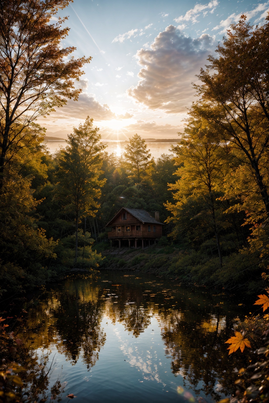Wooden cabin in the midle of Lake,  perfect sunset light on far away,  golden rays on Tensor.Art