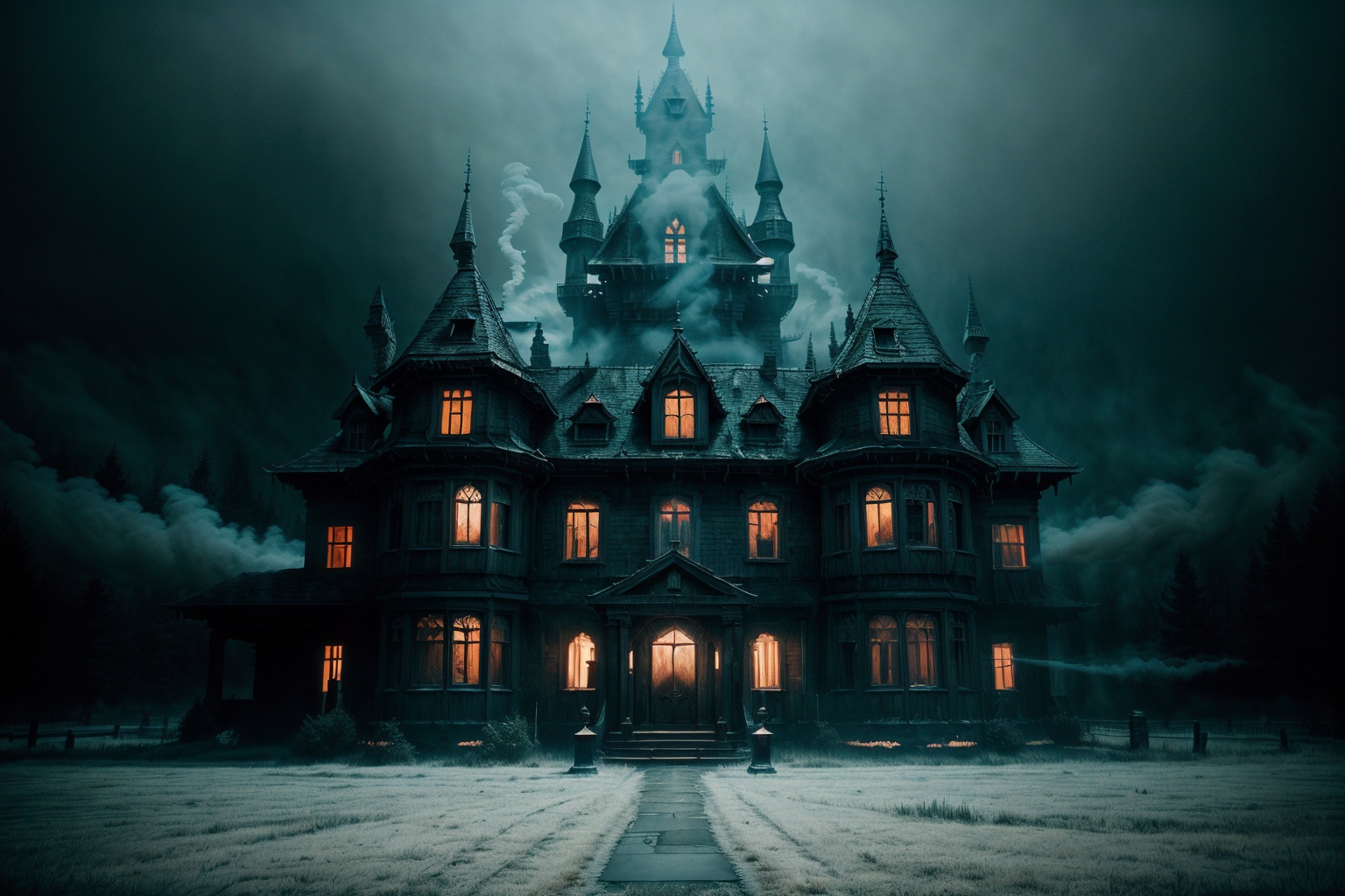 Immerse yourself in the haunting atmosphere of a big,  dark castle,  enshrouded in ghostly smoke. The horror theme is inte...