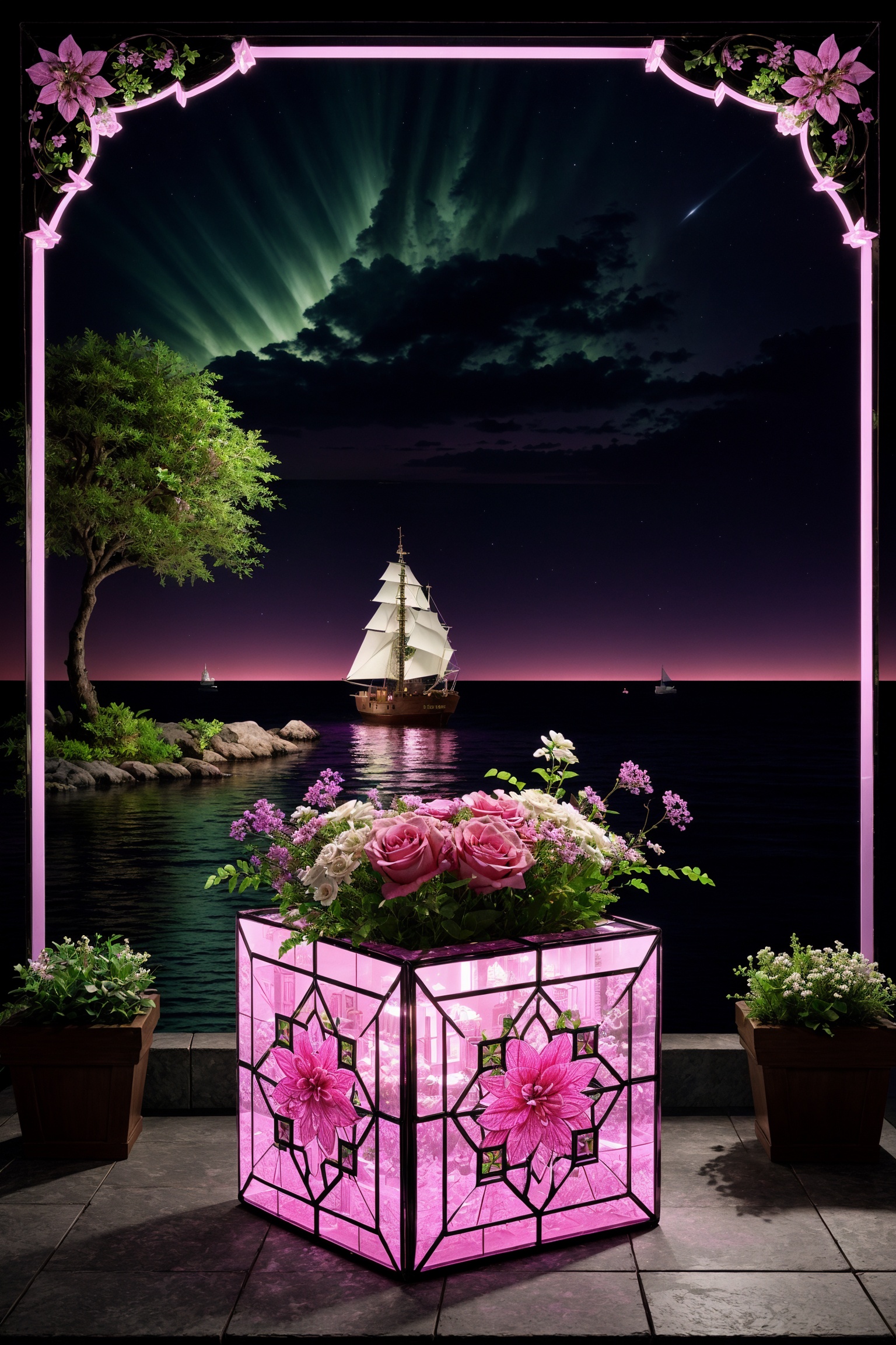 Witness the grandeur of a square box made of glass,  pink purple and green plants are inside the box,  water and a small s...