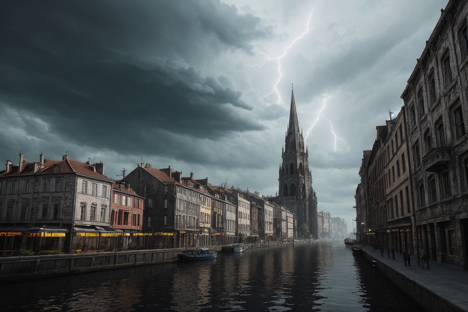Gothic city built on the water of the bay,  street canals,  north on Tensor.Art