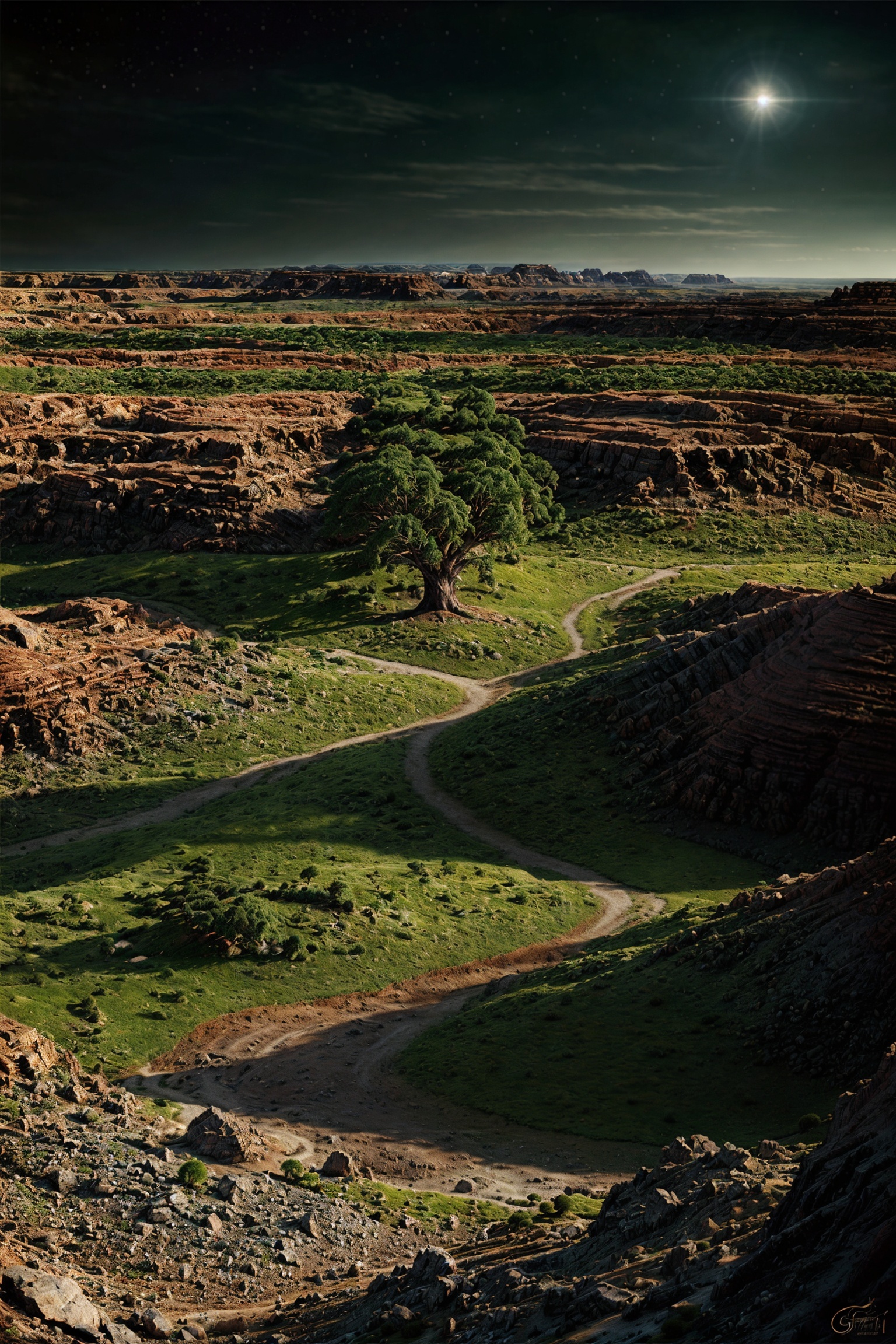 Landscape of a dark far away planet,  rock and organic soil,  glowing trees on Tensor.Art