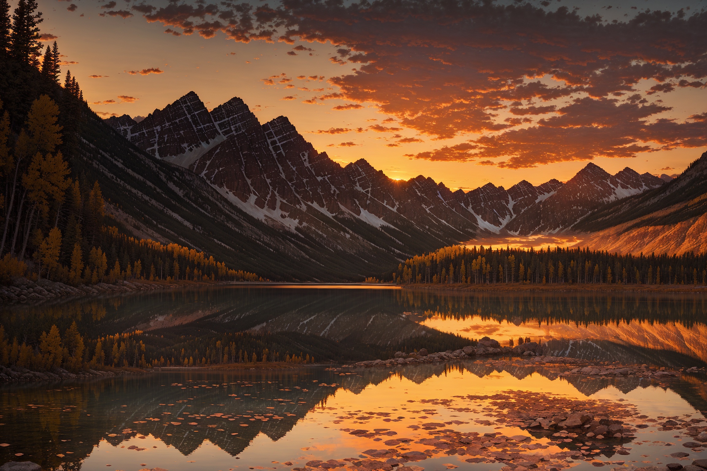 Beautiful tranquil fall sunset over rocky mountains lake,  reflecting sunset,  low light on Tensor.Art