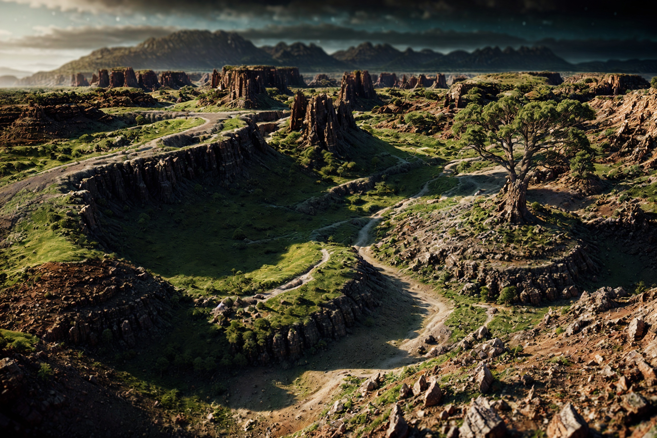 Landscape of a dark far away planet,  rock and organic soil,  glowing trees on Tensor.Art