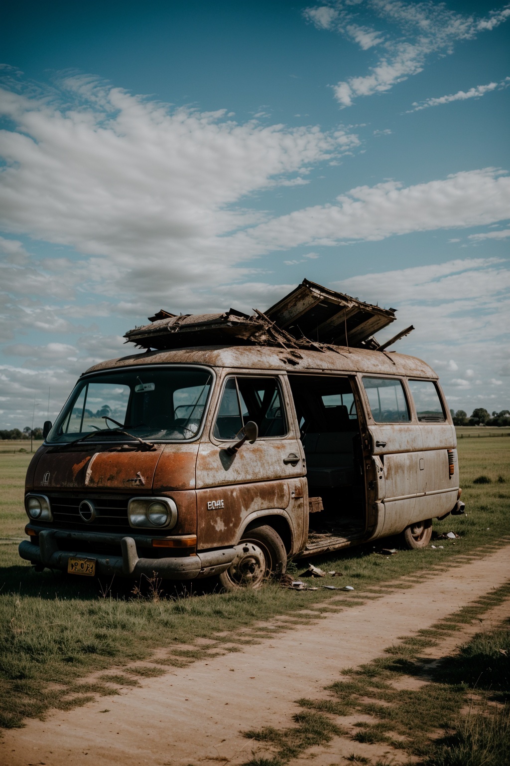 postapocalypse,  photo of wrecked old van,  natural lighting on Tensor.Art