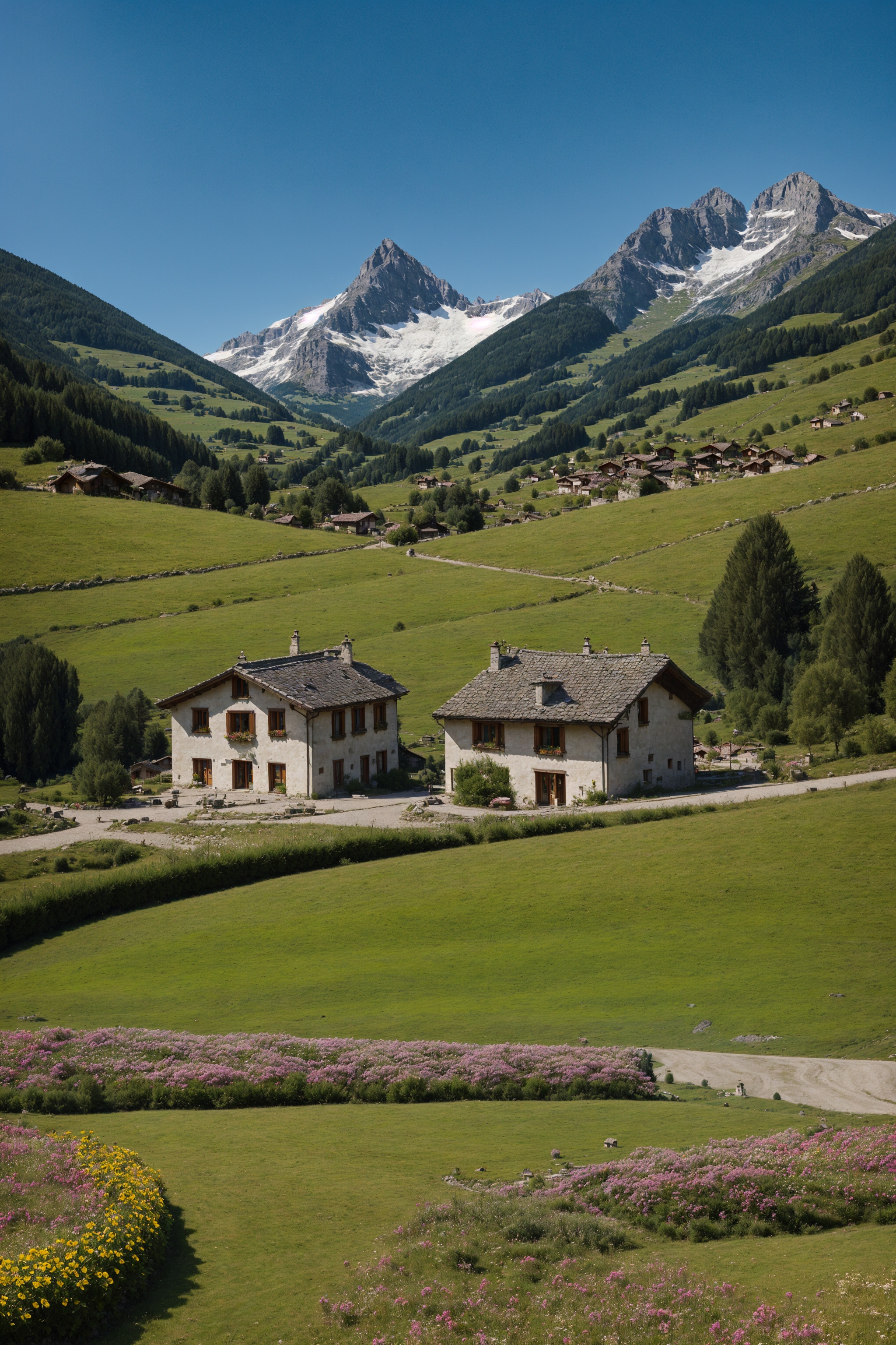 Peaceful and idyllic countryside,  Rolling green hills dotted with grazing sheep,  Charming villa on Tensor.Art