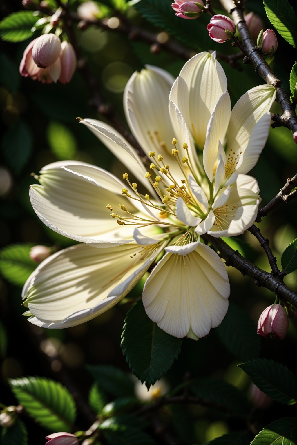 very closeup,  a cherry tree branch with flowers,  flat white background on Tensor.Art