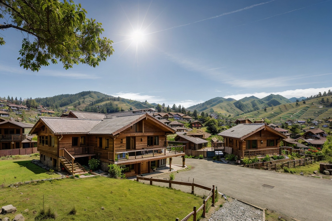 wooden non landed double storey house,  hills background,  trees around on Tensor.Art