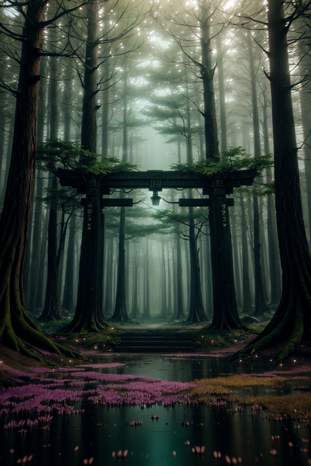 A captivating Japanese torii gate,  standing tall amidst an enchanted bioluminescent forest that emanates ethereal beauty...