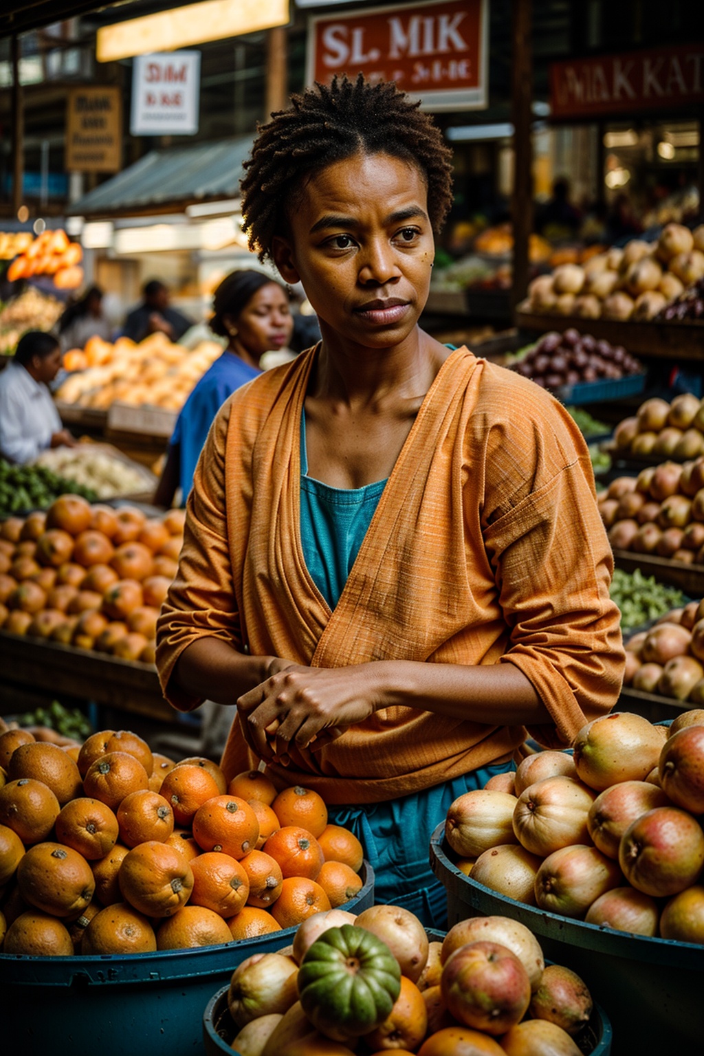 market scene,  style of saturated color and luminous hues. diversity and vibrancy of the market,  with different products...