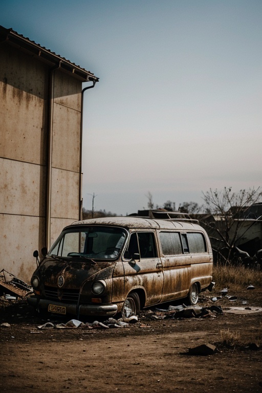 postapocalypse,  photo of wrecked old van,  natural lighting on Tensor.Art