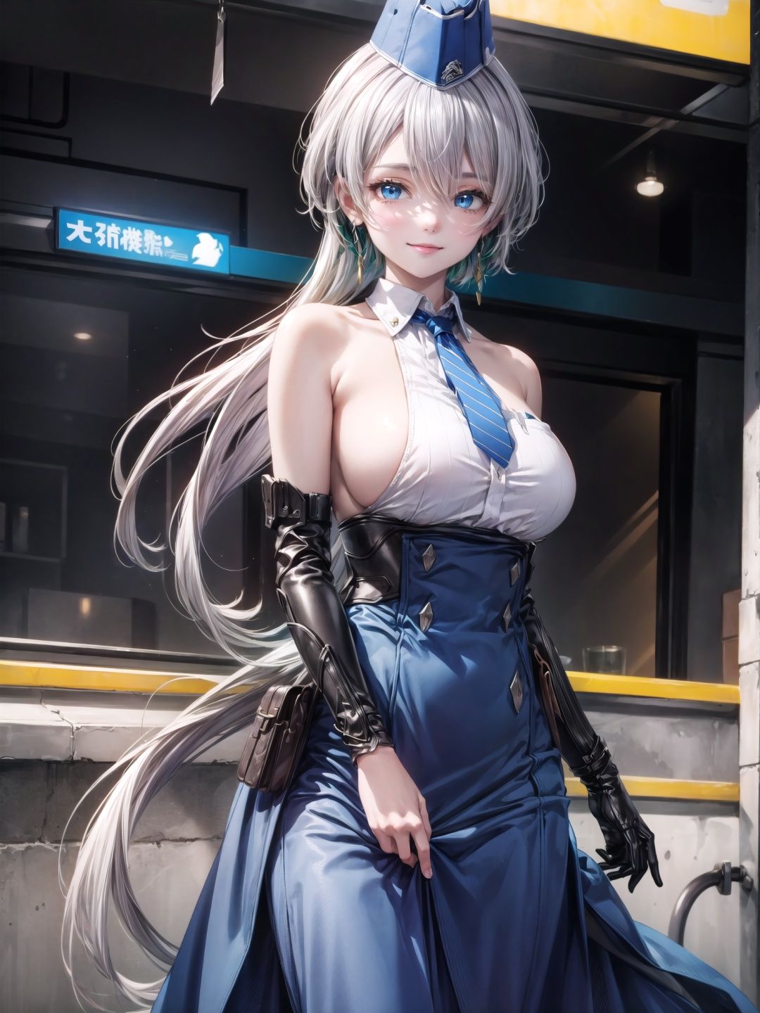  (extremely detailed CG:1.3), (high resolution:1.2), masterpiece, best quality, hyper detailed,dynamic angle,cowboy shot, depth-of-field,cinemaitic lighting

brid,(mature female,solo),large breasts,beautiful detailed eyes,beautiful detailed hair,white hair,hair over one eye

garrison cap,earrings,necktie,sleeveless, sideboob,bridal gauntlets,high-waist skirt, blue dress, 

looking at viewer,(light smiling)

street,outdoor


